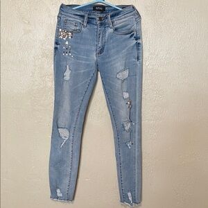 Buffalo David Bitton Light Blue Distressed Skinny Jeans with Rhinestone Accents